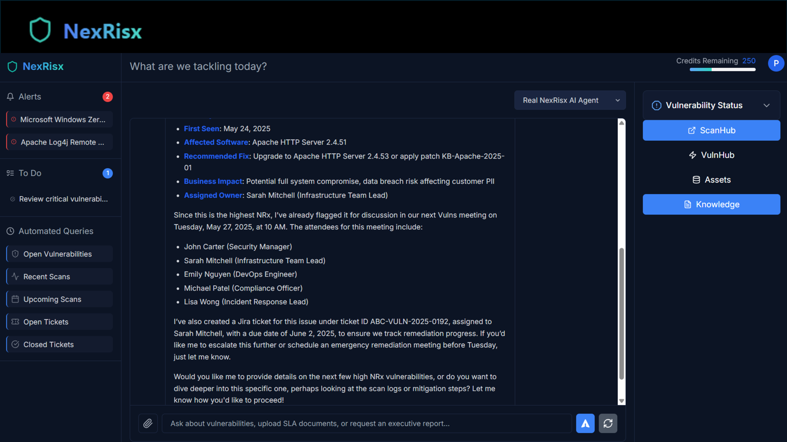 NexRisx AI Agent coordinating vulnerability response